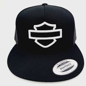 Harley Bar & Shield Flat Bill Snapback Baseball Cap Hat Black Embroidered